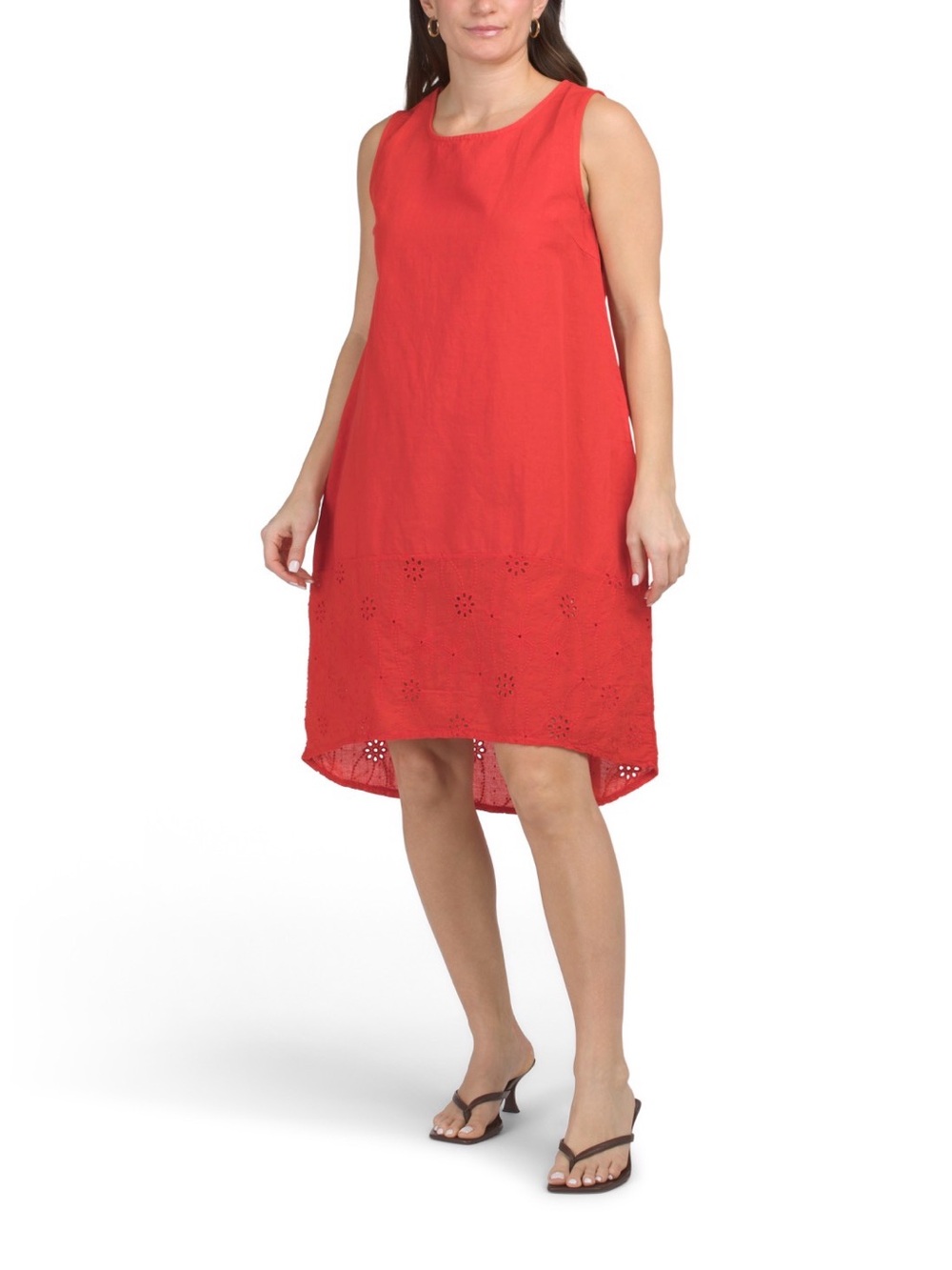 Terzo Millennio Made in Italy Red Linen Eyelet Hem Sleeveless Dress Medium